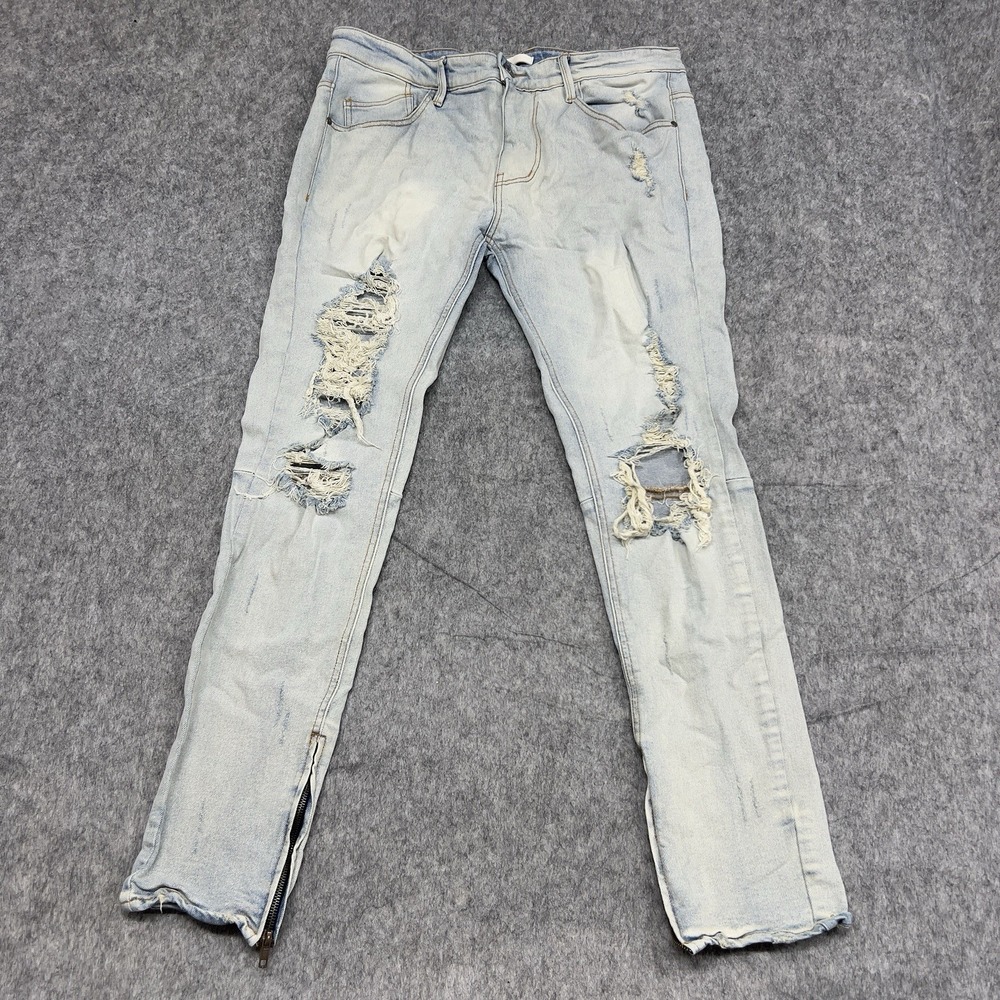 KDNK Jeans Mens 38 Blue Denim Distressed Skinny Stretch Side Zip Moto 38x32